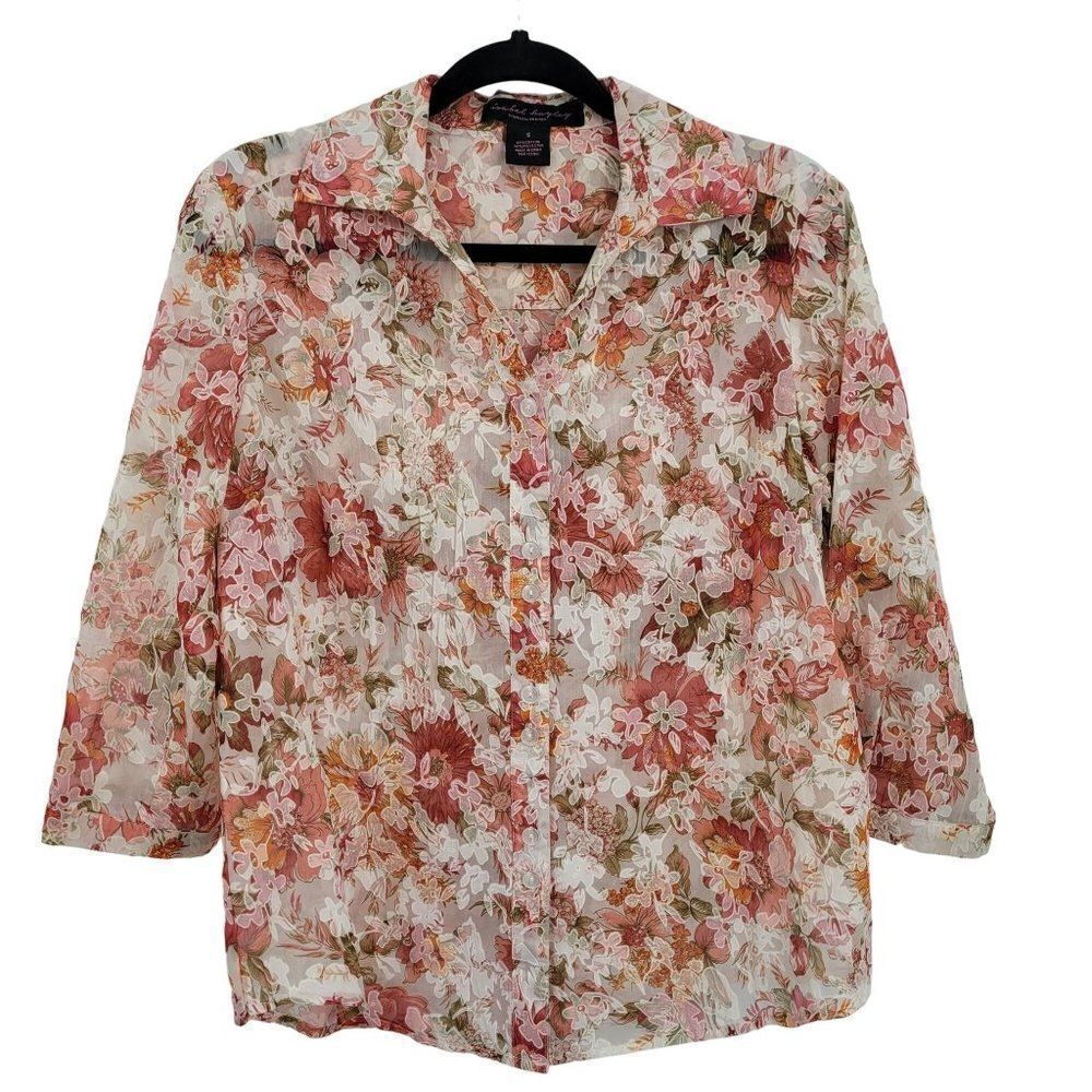 Womens Button Up Blouse‎ S Pink Floral Sheer 3/4 Sleeve Collared Top Country